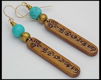 OM MANI Padme Hum - Handcarved Bone - Natural Tibetan Turquoise Long Earrings