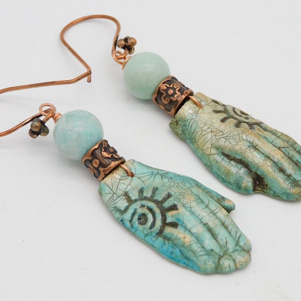 HAMSAS - Artisan Handmade Handpainted Hamsa Hands - Copper Beads - Turquoise Beads - 1 of a Kind Earrings