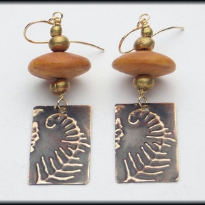 FERN FRONDS - Handforged Embossed Bronze & African Bone Saucer Earrings
