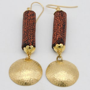 CHANLINA Handmade Cambodian Terracotta Tube Beads Handforged Brass Domes Elegant Long Earrings image 3