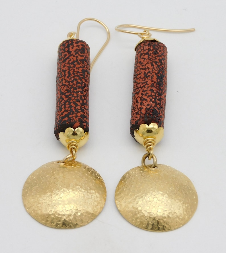 CHANLINA Handmade Cambodian Terracotta Tube Beads Handforged Brass Domes Elegant Long Earrings image 3