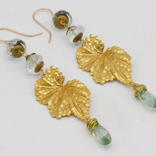VINTAGE M HASKELL - AAA Green Beryl Topaz - Green Amethyst - Vintage M Haskell Golden Leaves - Long Luscious 1 of a Kind Earrings