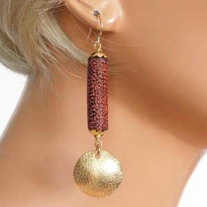 CHANLINA Handmade Cambodian Terracotta Tube Beads Handforged Brass Domes Elegant Long Earrings image 2