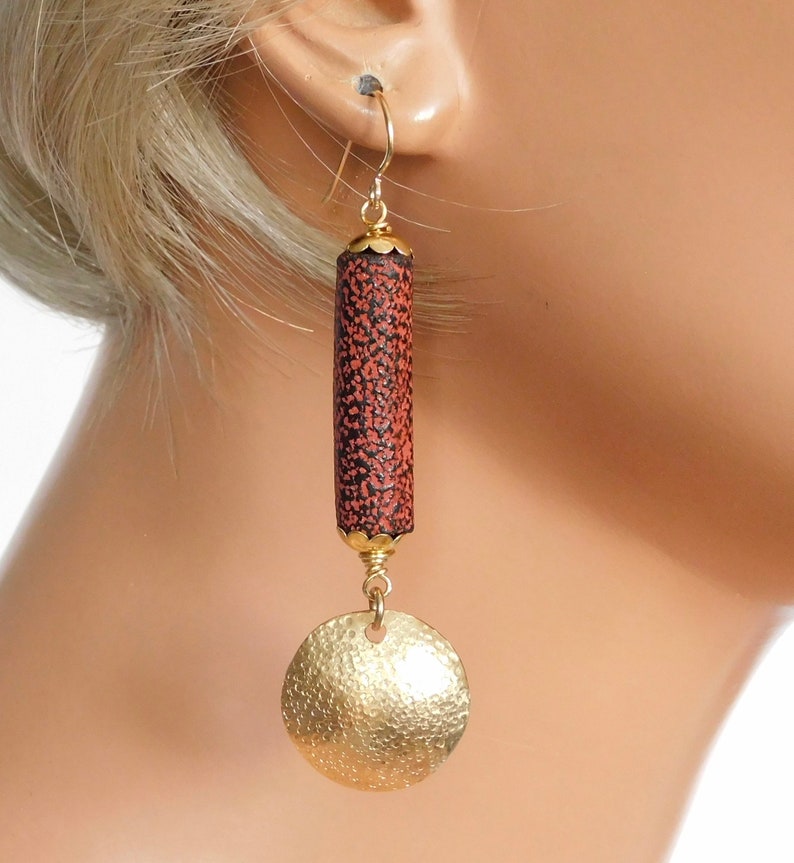 CHANLINA Handmade Cambodian Terracotta Tube Beads Handforged Brass Domes Elegant Long Earrings image 2