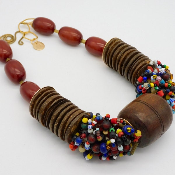 TRIBES of AFRICA - Vintage African Wooden Spindle Whorl - 100's of African Trade Beads - Coconut Shell Discs - Handmade Moroccan Beads Nklc