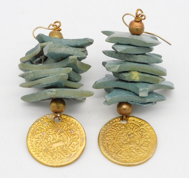 LHASA Tibetan Coins Handcut Coconut Shell Stacked Beads Very Dramatic Statement Earrings image 4