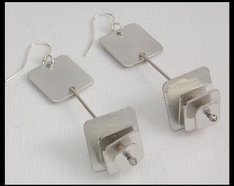 STACKED SQUARES - Handforged Sterling Silver and Pewter Long Modern Statement Earrings