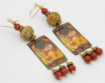 THE KISS - Handmade Enameled Copper Charms - Coral - Old End of Day Beads - Long Statement Art Earrings