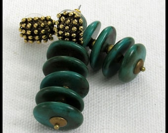 DESIREE - Gorgeous Handcarved Turquoise Discs - Handmade African Beads - Granulated GP Post Earrings