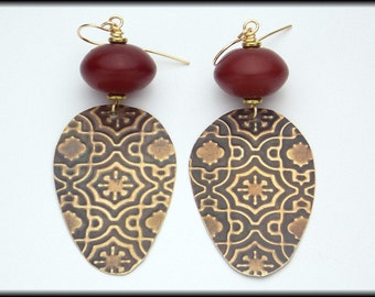 ARABESQUE - Handforged Embossed Antiqued Bronze - Tibetan Beads - Statement Earrings