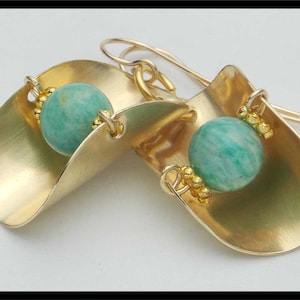 GOLDEN BASKETS Handforged Bronze and Amazonite Vertical Basket Earrings image 1