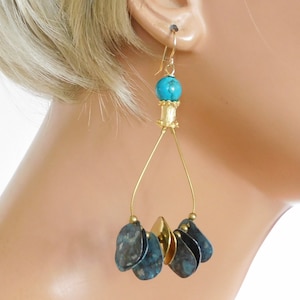 BLUES in the NIGHT - Handforged Patinated & Gold Discs - 24KT over Copper Beads - Turquoise - Statement Earrings