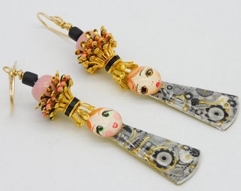 DOLL FACES - Artisan Enameled Handpainted Brass Charms - Stacks of Fancy Brass/Enameled Beadcaps - 1 of a Kind Unique Earrings