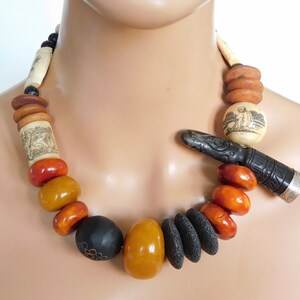 OLD NEPALESE CHOP - Handcarved Wooden Chop - Old Chinese Bone Beads- Moroccan Beads Necklace