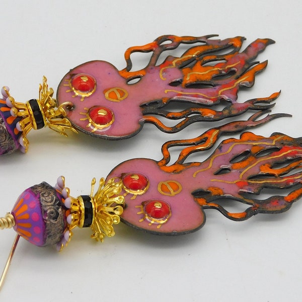 JASMINE JELLYFISH - Too Cute Enameled Copper Jellyfish - Fancy Enameled Brass Beadcaps - Handmade Beads - 1 of a Kind Long  Earrings