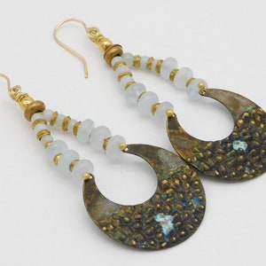 MOONSTRUCK - Aquamarine Beads and Handmade Hammered Brass Elegant Statement Earrings