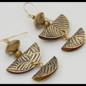 Handforged Bronze Fern Earrings: Embossed, Folded, with African Brass