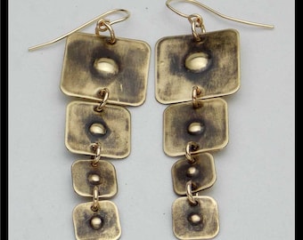 DIMPLED SQUARES - Handforged Dimpled Antiqued Bronze Long Statement Earrings