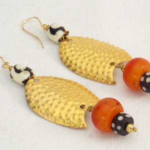AFRICAN SHIELD - Handmade African Batik Bone - Handforged Bronze Statement Earrings