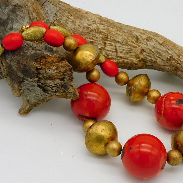 RED HOT MAMA - Fab Huge Coral Beads - Sherpa Coral - Old Handmade African Brass Focal Beads Statement Necklace