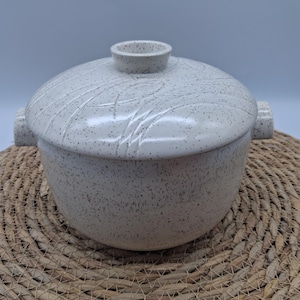 May include: A round, off-white ceramic casserole dish with a speckled finish and a matching lid. The lid features a subtle, embossed leaf-like pattern and a central knob handle. Two small, integrated side handles extend from the main body.