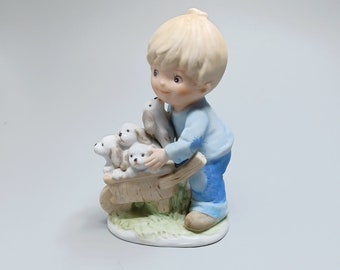 Homco Figurine Boy with Wheelbarrow full of Puppies