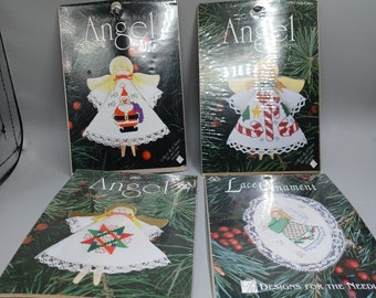 NOS 4 Vintage Christmas Ornament Kits Cross stitch Angels