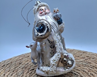Woodland Santa with Critters Christmas Ornament 6 inches large glass