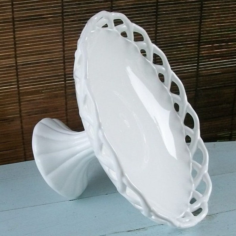 Large Vintage Milk Glass Pedestal Bowl With Lacy Edge image 2