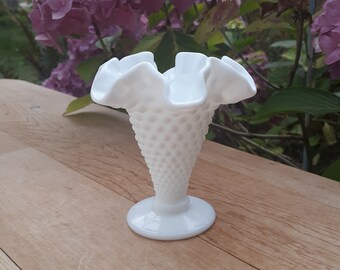 Vintage Mini Ruffled Hobnail Fenton Milk Glass Vase