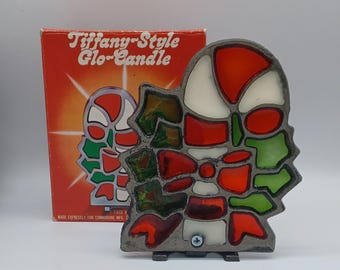 Stained Glass Candy Cane tea light holder Christmas light with box