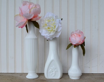 Trio of Bud Vases, Milk Glass,