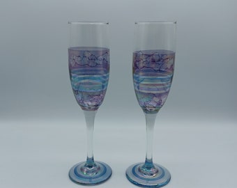 Pair Vintage 8.5" Iridescent Stemware Set of 2 - Champagne Signed