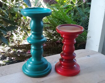 Pair of Vintage Ceramic Candle Holders Wales Japan Red Turquoise