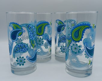 Vintage Libby Paisley  Blue Green Tumblers Set of 4 Crisa