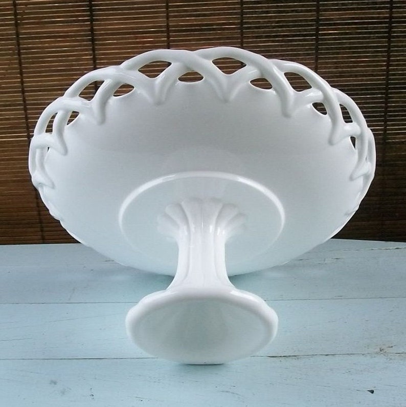 Large Vintage Milk Glass Pedestal Bowl With Lacy Edge image 3