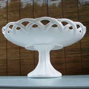 Large Vintage Milk Glass Pedestal Bowl With Lacy Edge image 1