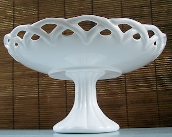 Large Vintage Milk Glass Pedestal Bowl With Lacy Edge