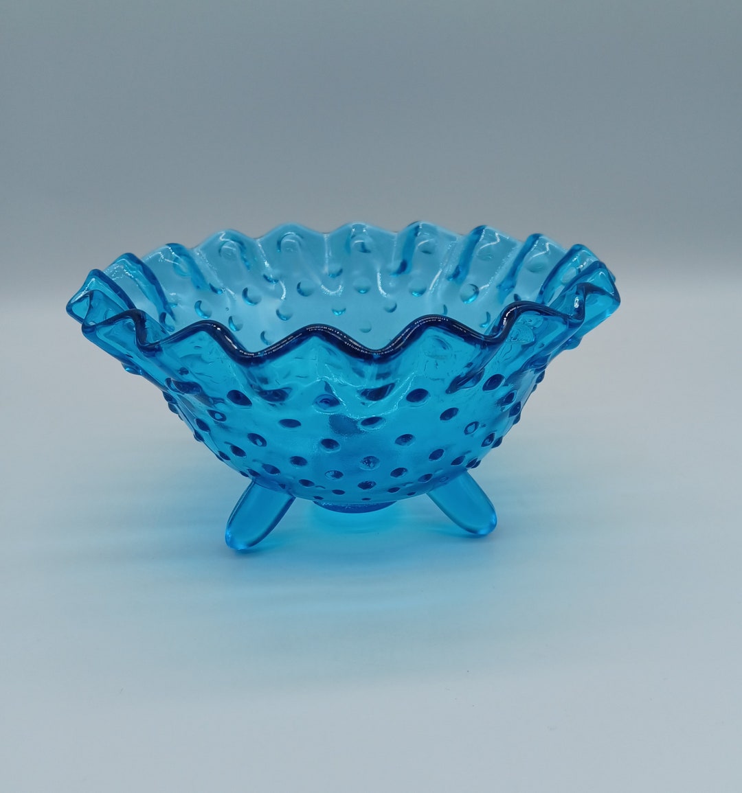 Blue Glass Hobnail Ruffled Bowl - Etsy