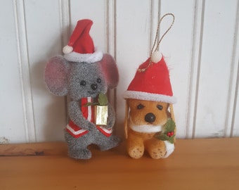 Vintage Pup and Mouse Christmas ornaments