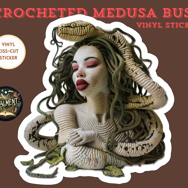 Crocheted Medusa Bust Vinyl Sticker - Handcrafted Gorgon Design, Artisanal Myth Decal - 3x3 Inch Custom Sticker by Fablement