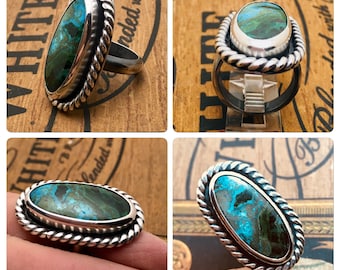 Handcrafted Chrysocolla Silver Statement Ring - Size 8