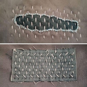 May include: Close-up of a brown fabric with two patches of denim sewn on. The denim patches are stitched with white thread in a decorative pattern.