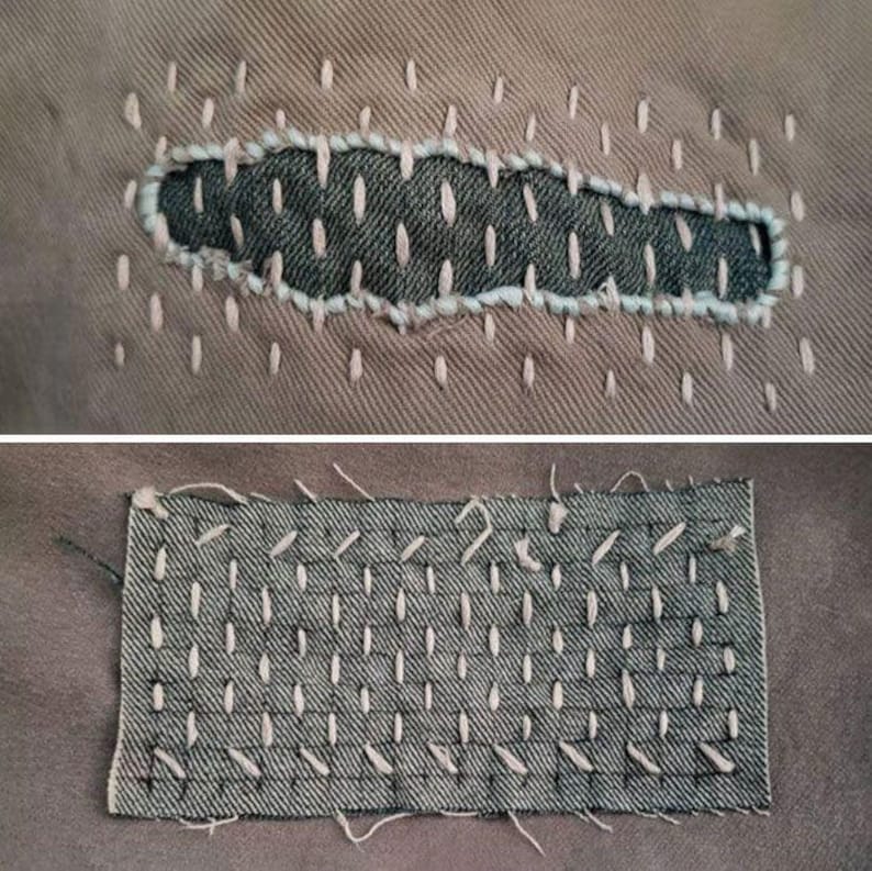 May include: Close-up of a brown fabric with two patches of denim sewn on. The denim patches are stitched with white thread in a decorative pattern.
