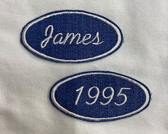 Vintage Style Oval Workwear Patch: Custom Retro Embroidered Name Tag - Sew On badge - Levis Dickies Carharrt - Free UK Shipping
