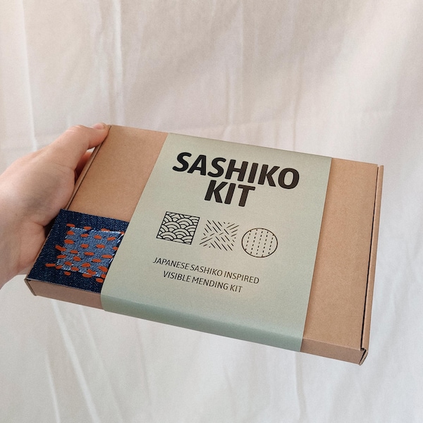 Sashiko Mending Kit - Japanisches Visible Mending Starterset mit Faden, Nadel & Muster | Sashiko-Nähen lernen für das Reparieren von Kleidung