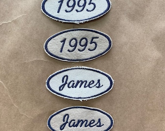 Personalized Vintage Style oval Name / year Patches - Custom Embroidered Fabric Patches - Handmade UK
