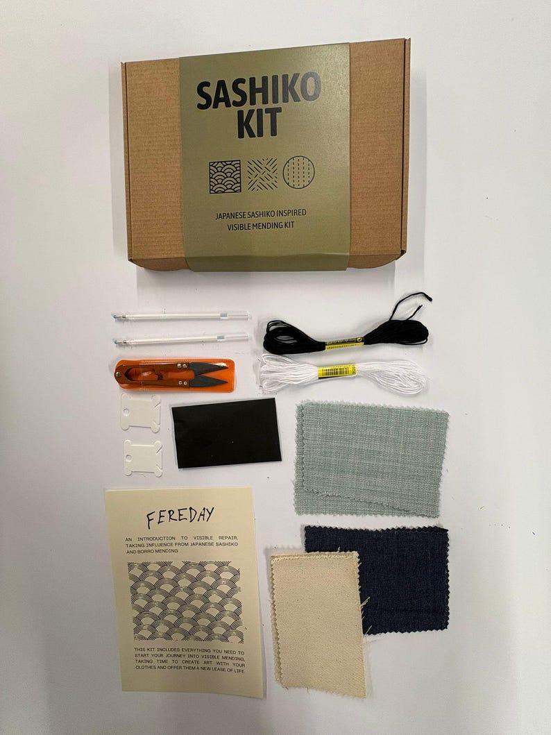 Kit de costura Sashiko / Caja de regalo con zurcido visible / Aprende bordado japonés / Kit de costura sostenible sin plástico / Envío gratuito imagen 3