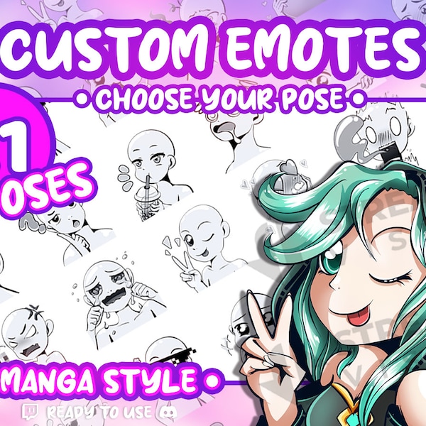 Emote personalizzate Manga stile 21 posa Twitch Discord Emoji Kick abbonato Chibi Emoticon grafica digitale Download immediato