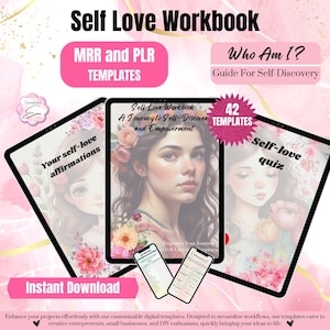 May include: A pink and white digital illustration of a self-love workbook with 42 templates. The workbook includes a self-love quiz, affirmations, and a journey to self-discovery and empowerment. The image includes the text "Self Love Workbook", "Who Am I?", "Guide For Self-Discovery", "42 Templates", "Your self-love affirmations", "Self-love quiz", and "Instant Download".